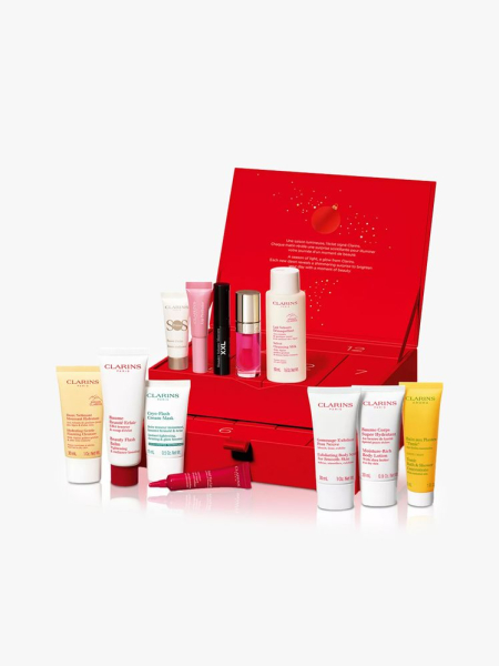 Clarins 12 Day Advent Calendar in multiple branded components on a light gray background
